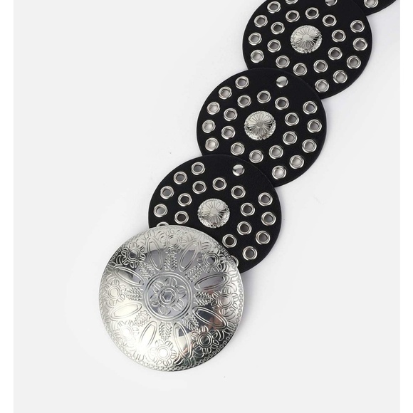 Boho Vegan Leather Grommet Statement Round Buckle Wide Belt - Picture 5 of 7